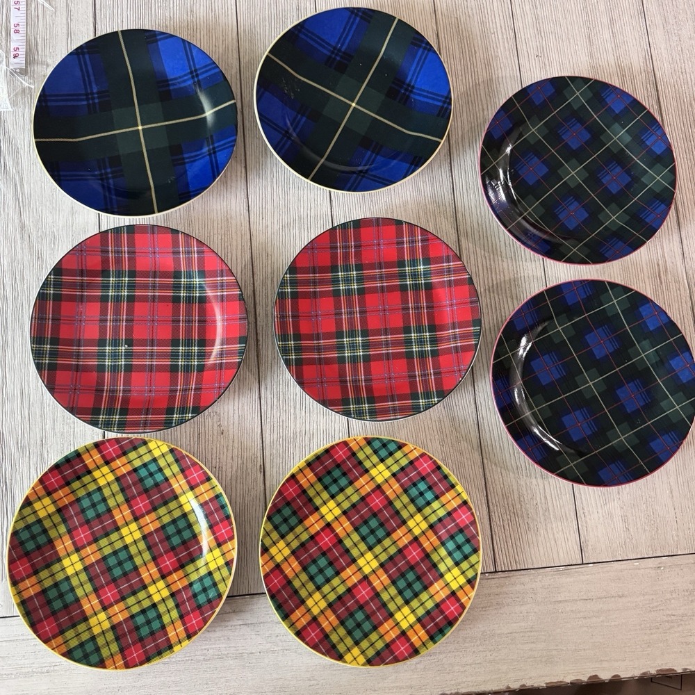 Jeffrey Banks Tartan Plaid Dessert/Salad Plates 7-3/4" Set Of 8